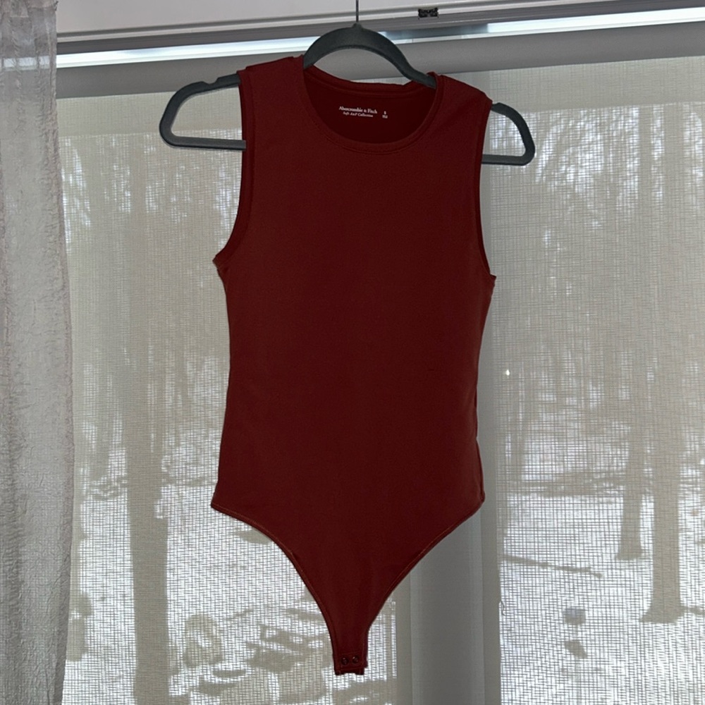 Abercrombie Soft A&F high neck bodysuit in burnt red.